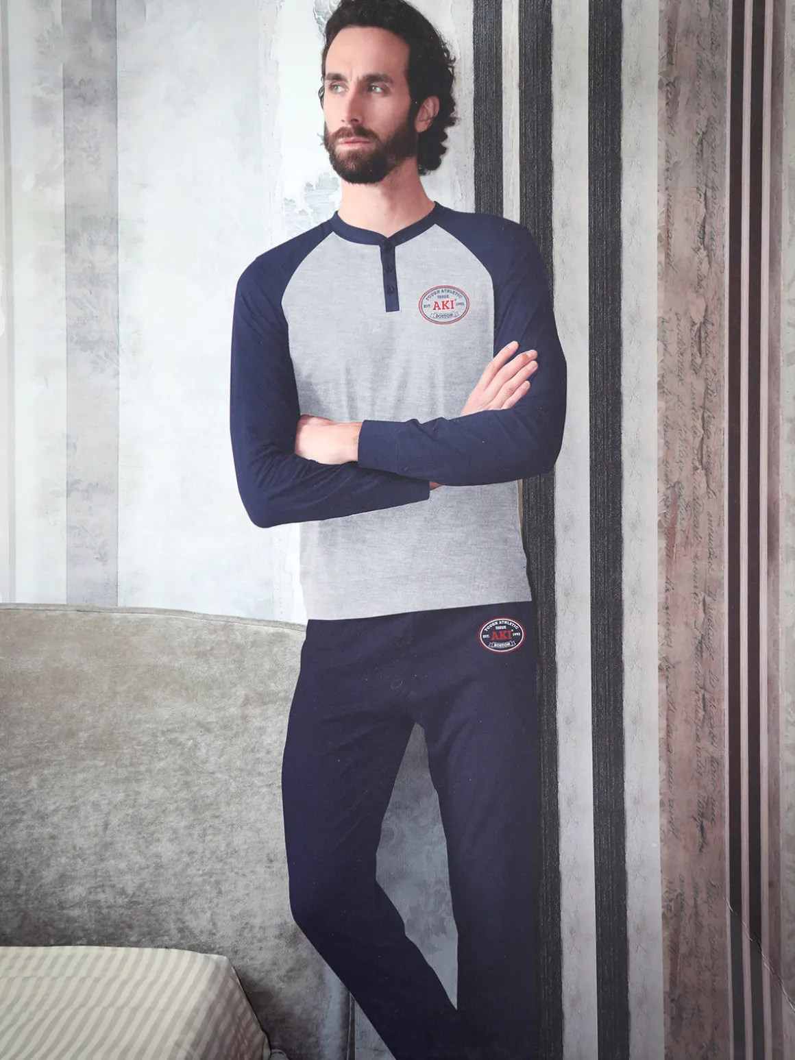 Aki Pigiama lungo da uomo in misto cotone