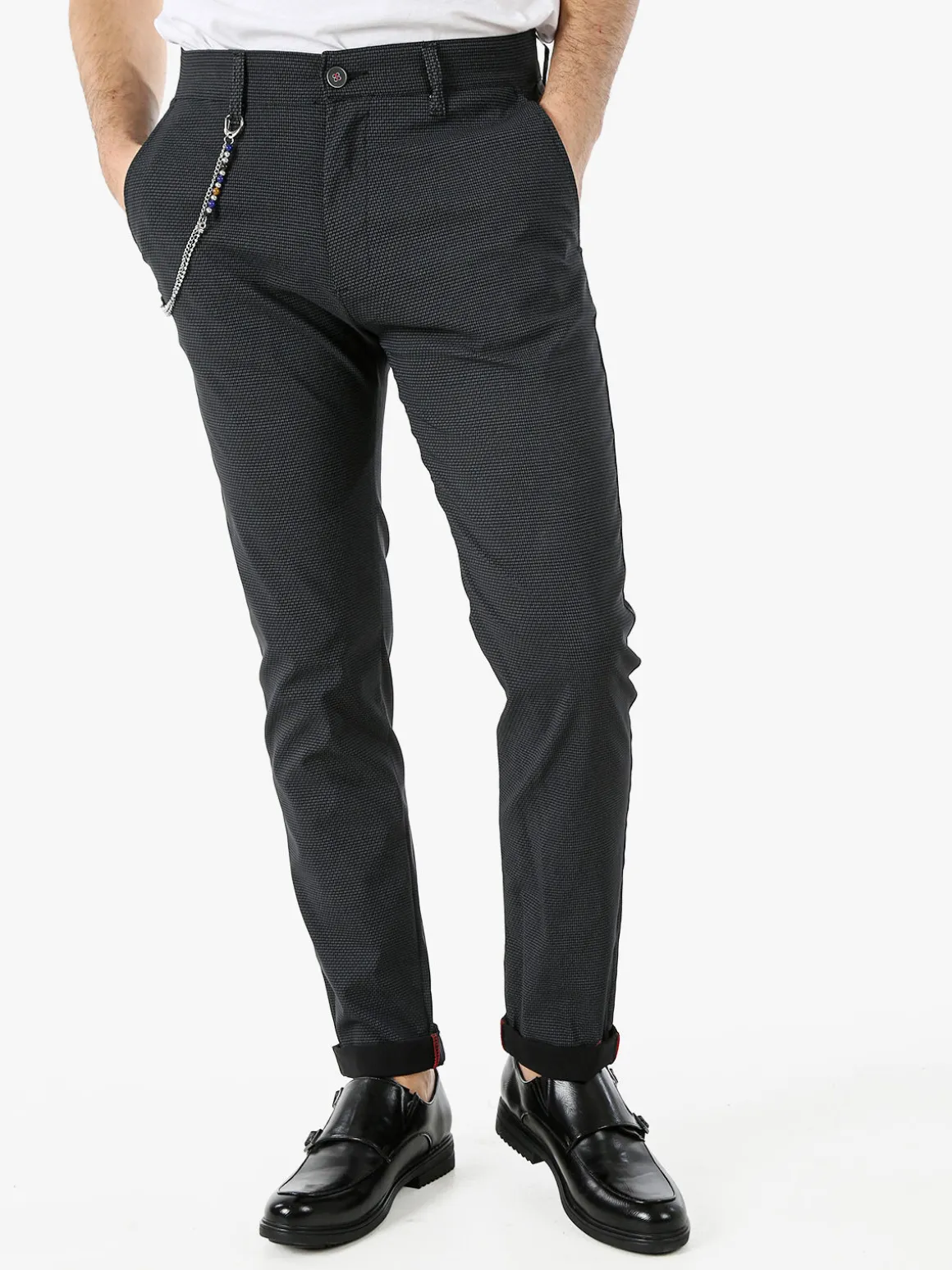 Andy Don B Pantaloni casual da uomo leggeri con stampa texture e dettaglio a catena - nero