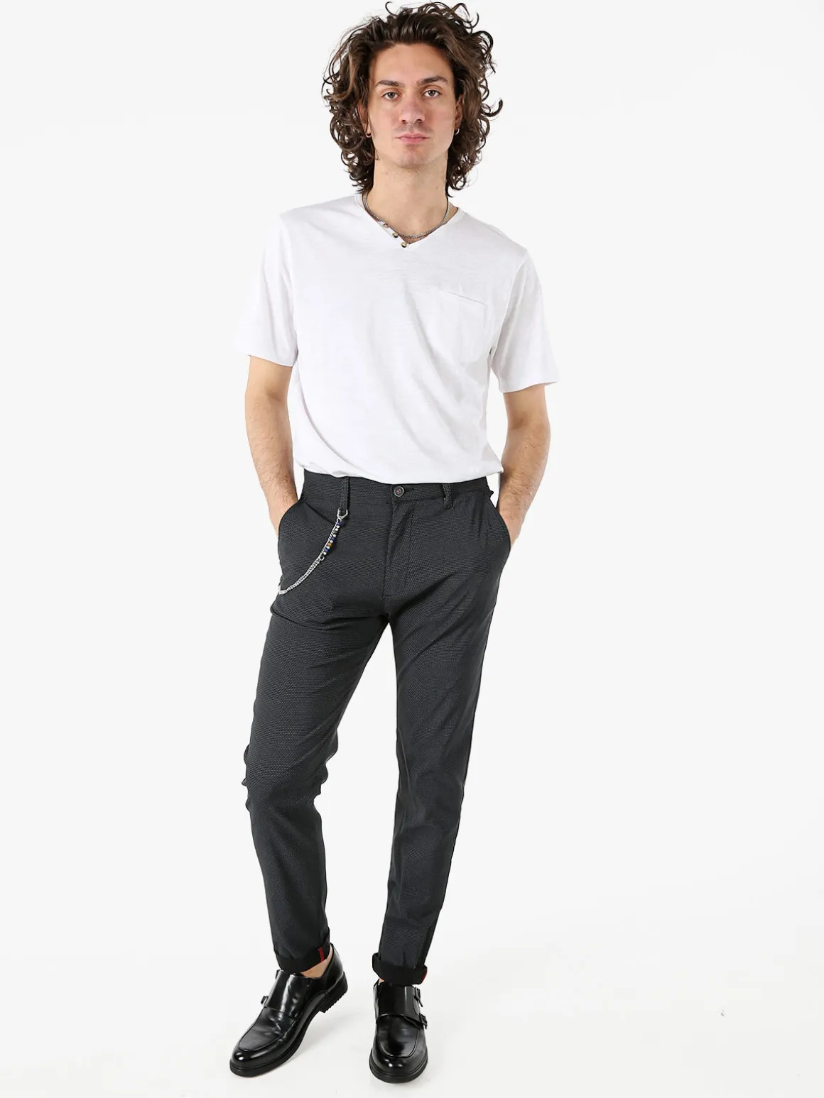 Andy Don B Pantaloni casual da uomo leggeri con stampa texture e dettaglio a catena - nero