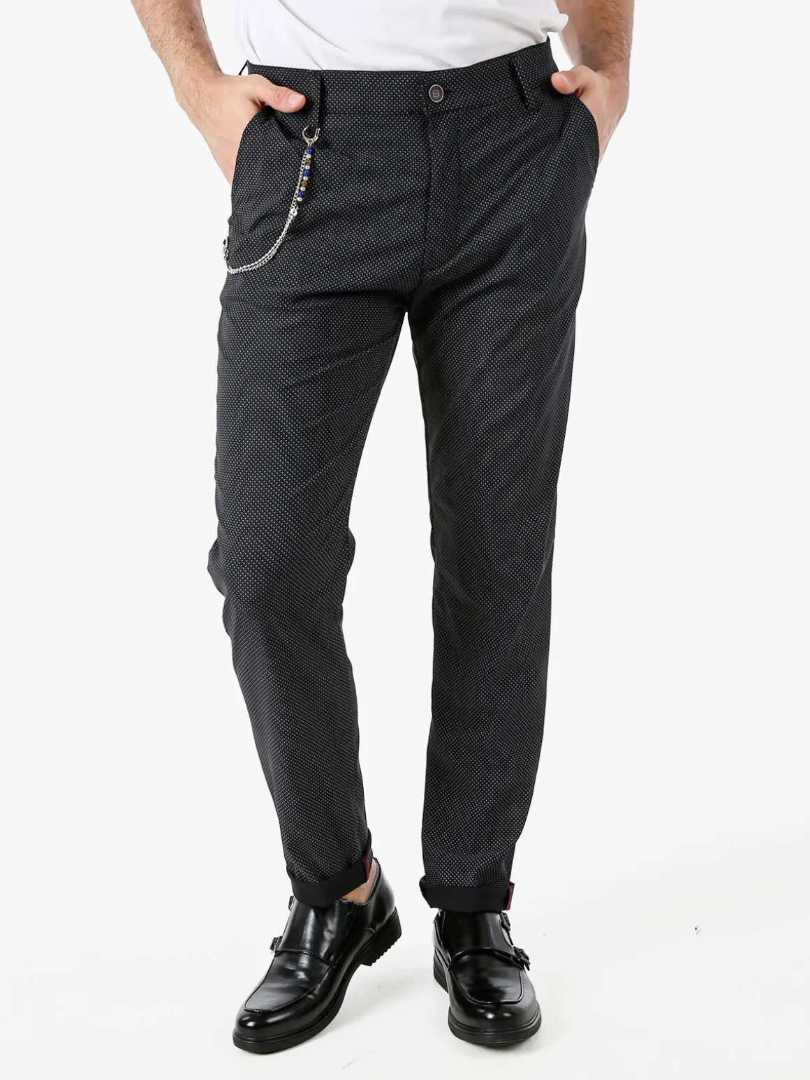 Andy Don B Pantaloni casual da uomo con stampa texture e dettaglio catena - nero