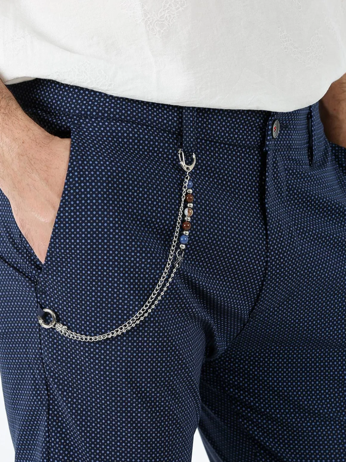 Andy Don B Pantaloni da uomo elasticizzati con stampa texture e dettaglio a catena - blu scuro