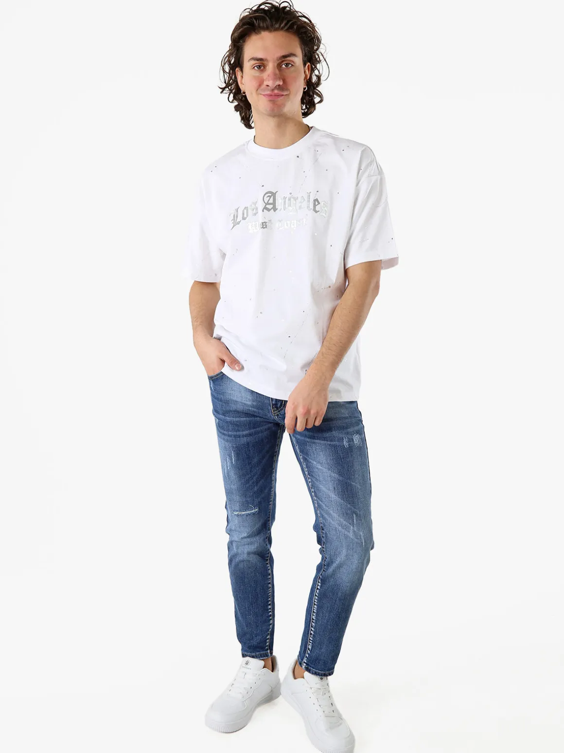 Ange Wear T-shirt da uomo in cotone con stampe metallizzate - bianco