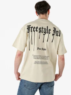 Ange Wear T-shirt da uomo oversize in cotone con stampe davanti e dietro - beige