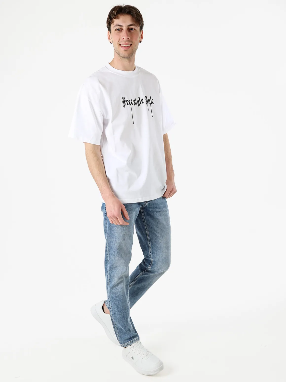 Ange Wear T-shirt da uomo oversize in cotone con stampe davanti e dietro - bianco