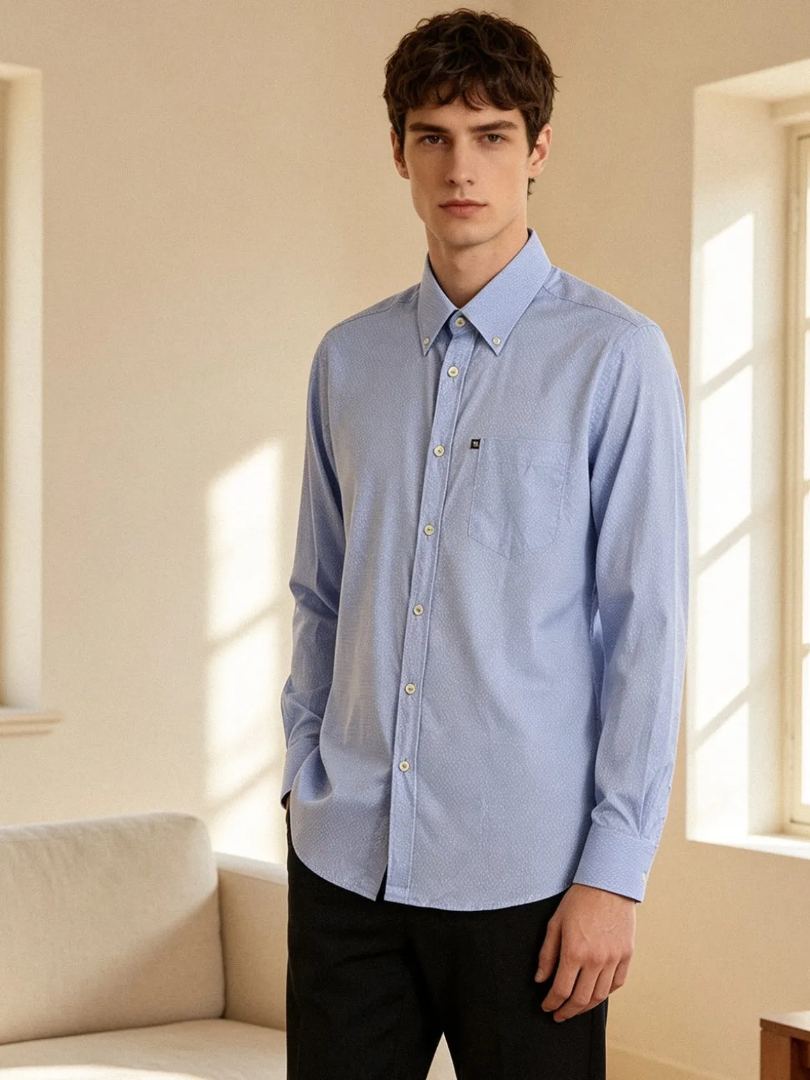 Ascot Sport Camicia da uomo in cotone a maniche lunghe con taschino e stampe - blu