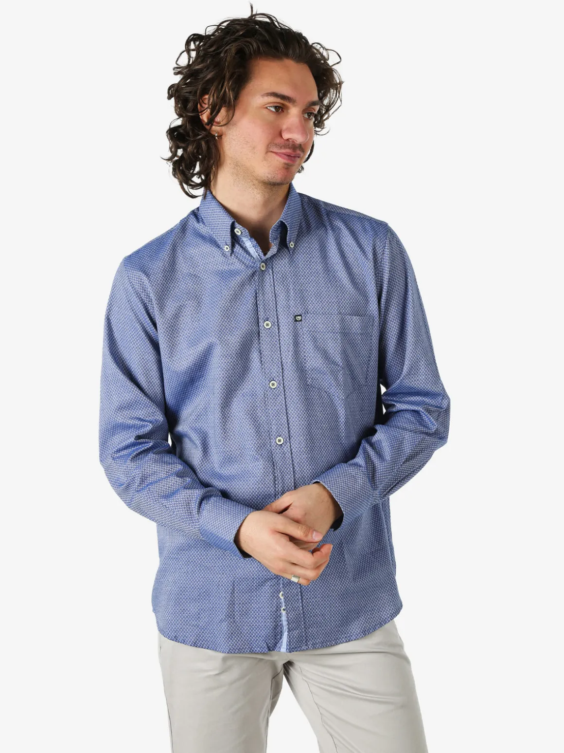Ascot Sport Camicia da uomo in cotone a maniche lunghe con taschino e stampe - blu