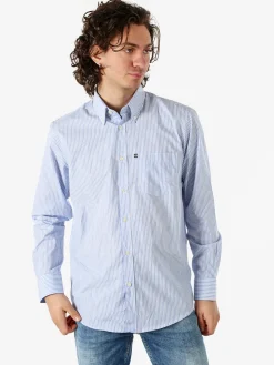 Ascot Sport Camicia rigata da uomo in cotone a maniche lunghe con taschino - azzurro