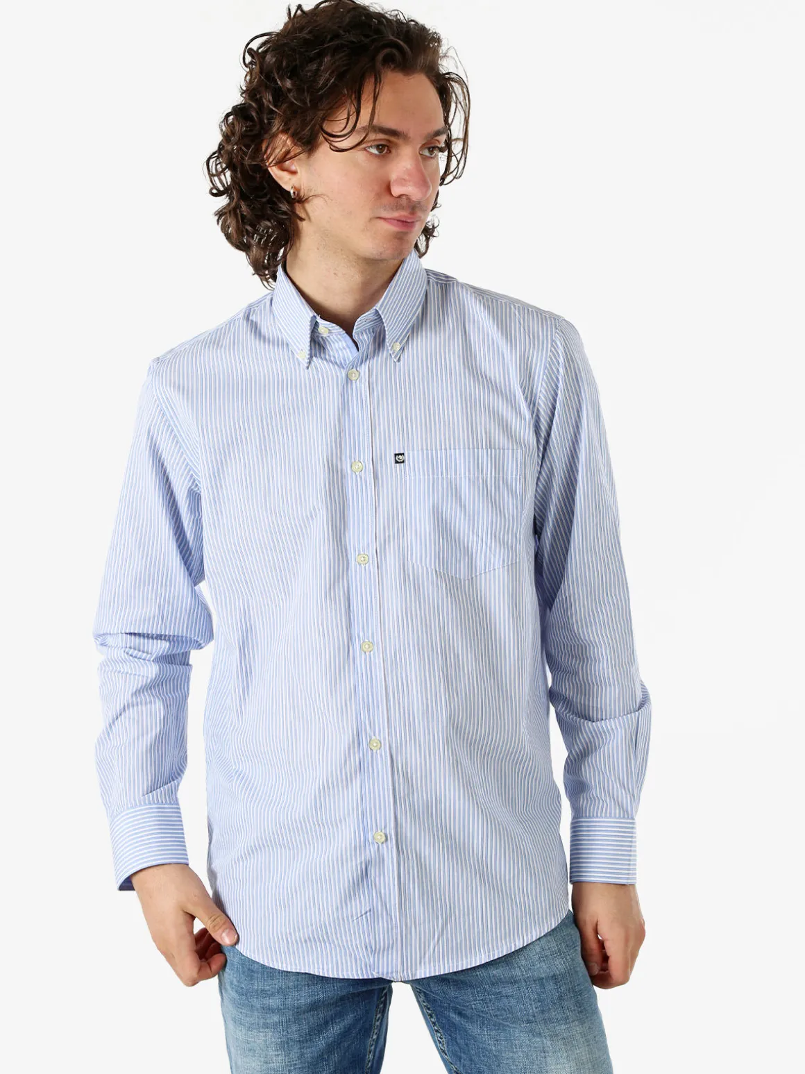 Ascot Sport Camicia rigata da uomo in cotone a maniche lunghe con taschino - azzurro