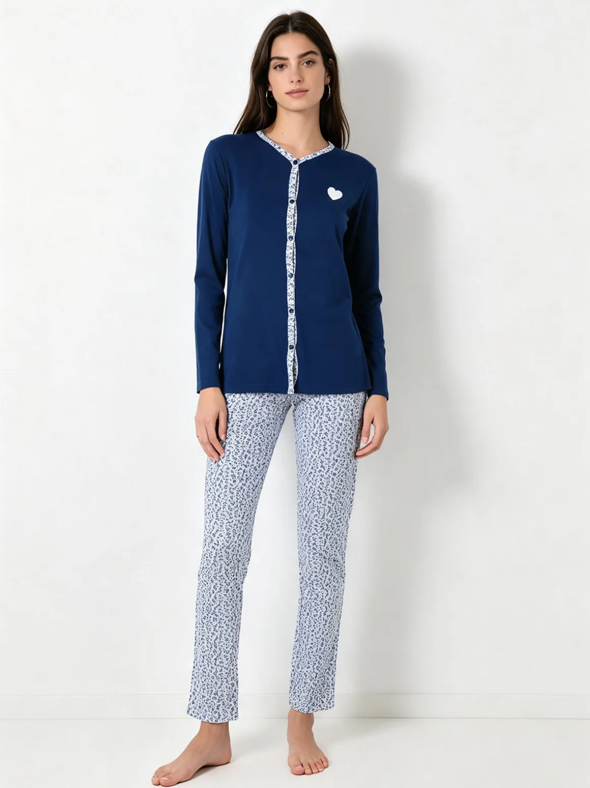 A Sette Pigiama aperto da donna in cotone interlock con pantaloni a stampa fiori - blu