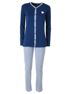 A Sette Pigiama aperto da donna in cotone interlock con pantaloni a stampa fiori - blu