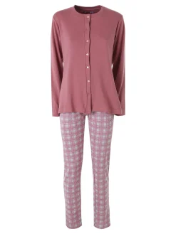 A Sette Pigiama aperto da donna in cotone interlock con pantaloni a quadri - rosa