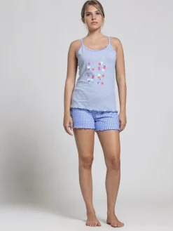 A Sette Pigiama corto da donna con spalline sottili e shorts a quadretti - grigio