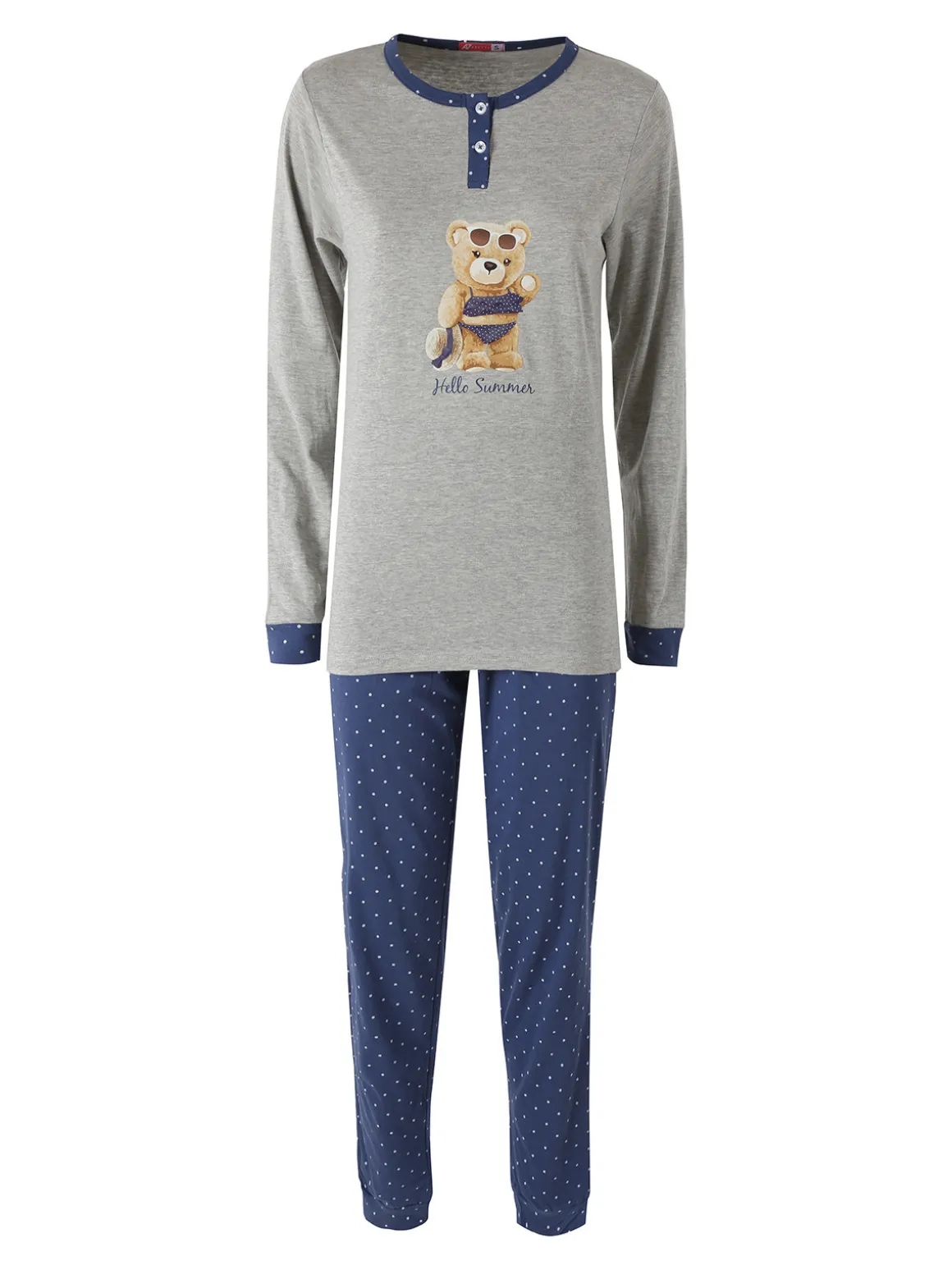 A Sette Pigiama lungo da donna in cotone con stampa orsacchiotto e pantaloni a pois - grigio