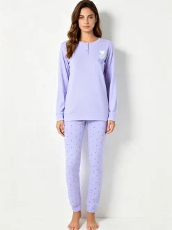 A Sette Pigiama lungo da donna in cotone interlock con pantaloni a cuori - lilla