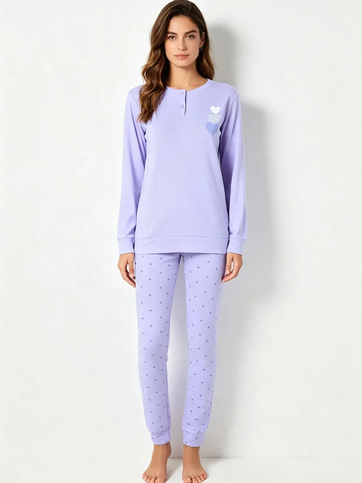 A Sette Pigiama lungo da donna in cotone interlock con pantaloni a cuori - lilla
