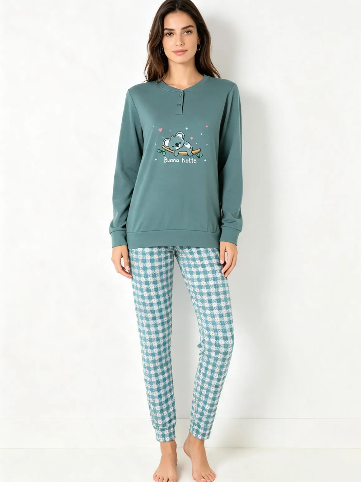 A Sette Pigiama lungo da donna in cotone interlock con dettaglio in pizzo e pantaloni a quadretti - verde