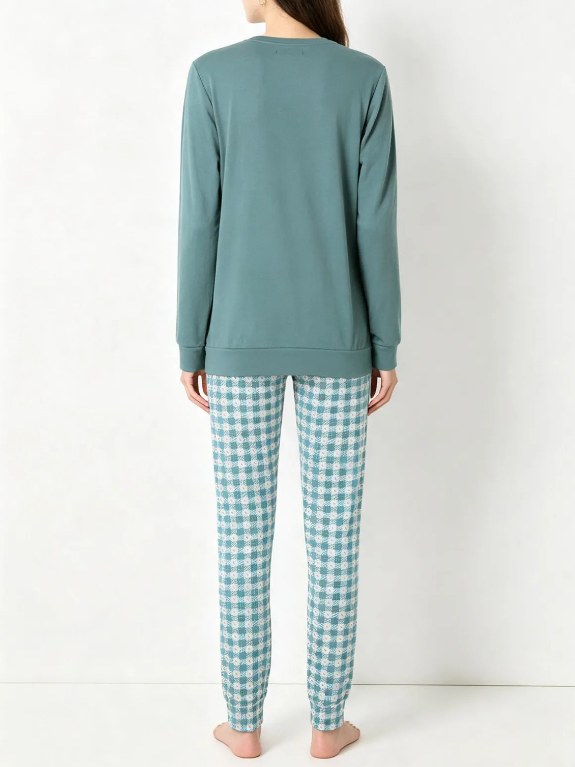 A Sette Pigiama lungo da donna in cotone interlock con dettaglio in pizzo e pantaloni a quadretti - verde