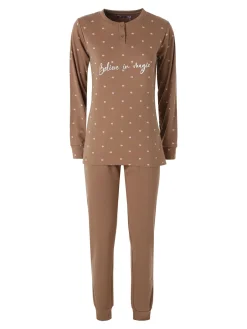 A Sette Pigiama lungo da donna in cotone interlock con pantaloni a cuori - sabbia
