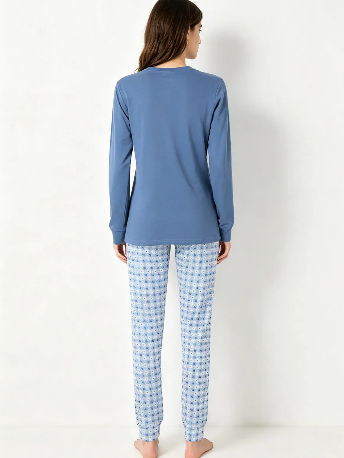 A Sette Pigiama lungo da donna in cotone interlock con pantaloni a quadretti - jeans