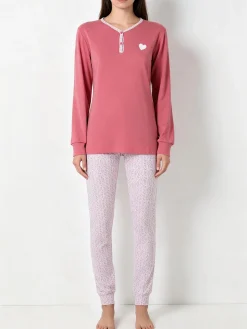 A Sette Pigiama lungo da donna in cotone interlock con pantaloni a stampa fiori - cipria