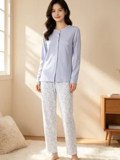 A Sette Pigiama lungo da donna aperto in cotone - azzurro