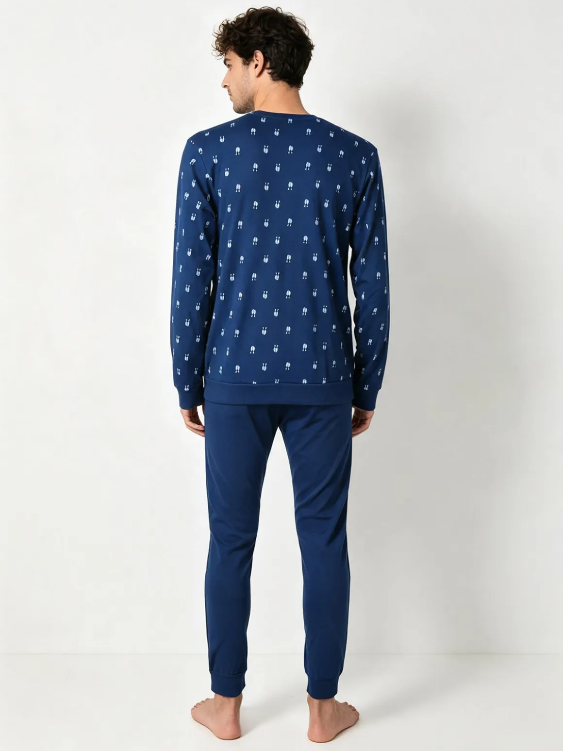 A Sette Pigiama lungo da uomo in cotone interlock con stampe birilli - blu