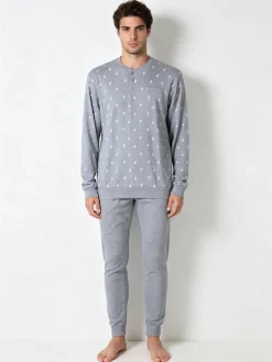 A Sette Pigiama lungo da uomo in cotone interlock con stampe birilli - grigio