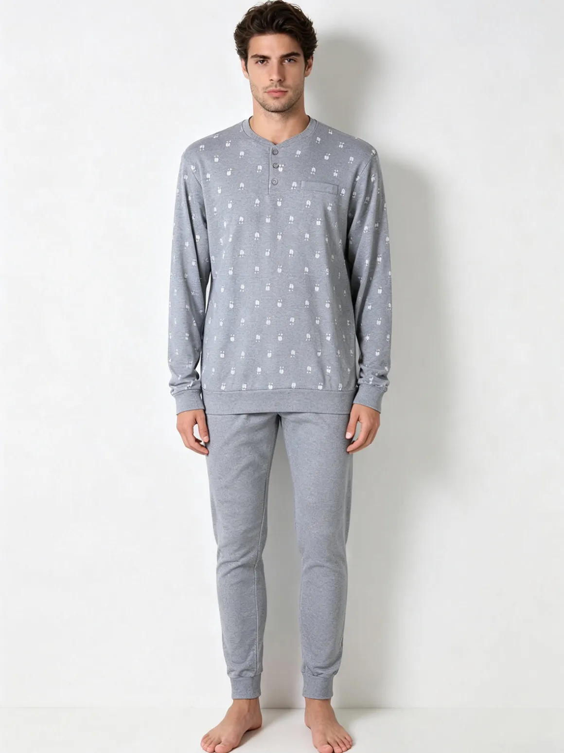 A Sette Pigiama lungo da uomo in cotone interlock con stampe birilli - grigio