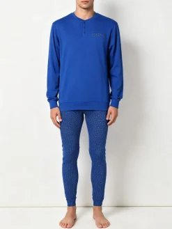 A Sette Pigiama lungo da uomo in cotone interlock con pantaloni a quadretti - blu