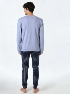 A Sette Pigiama lungo da uomo in cotone interlock con taschino e pantaloni a righe sottili - jeans