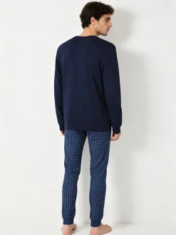 A Sette Pigiama lungo da uomo in cotone interlock con pantaloni a quadretti - blu scuro