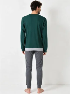 A Sette Pigiama lungo da uomo in cotone interlock a blocchi di colore - grigio
