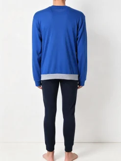 A Sette Pigiama lungo da uomo in cotone interlock a blocchi di colore - blu scuro
