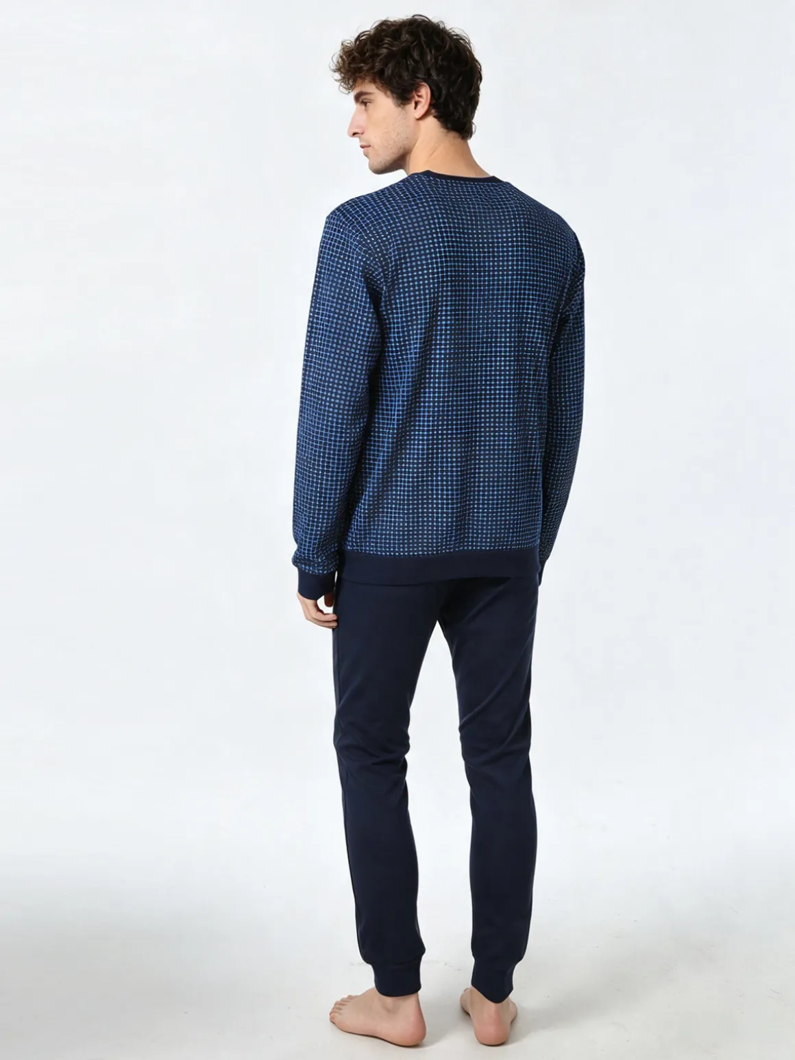 A Sette Pigiama lungo da uomo in cotone interlock con stampa a quadretti - blu scuro