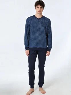 A Sette Pigiama lungo da uomo in cotone interlock con stampa a quadretti - blu scuro