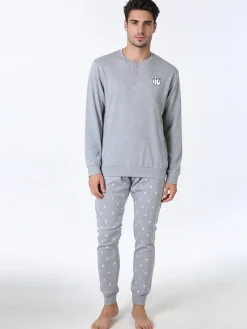 A Sette Pigiama lungo da uomo in cotone interlock con pantaloni con stampa birilli - grigio
