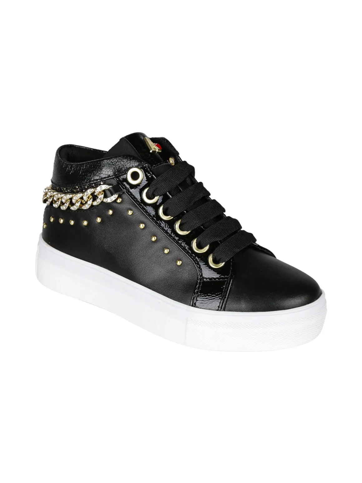 Asso Sneakers da ragazza con catena gioiello e borchie - nero
