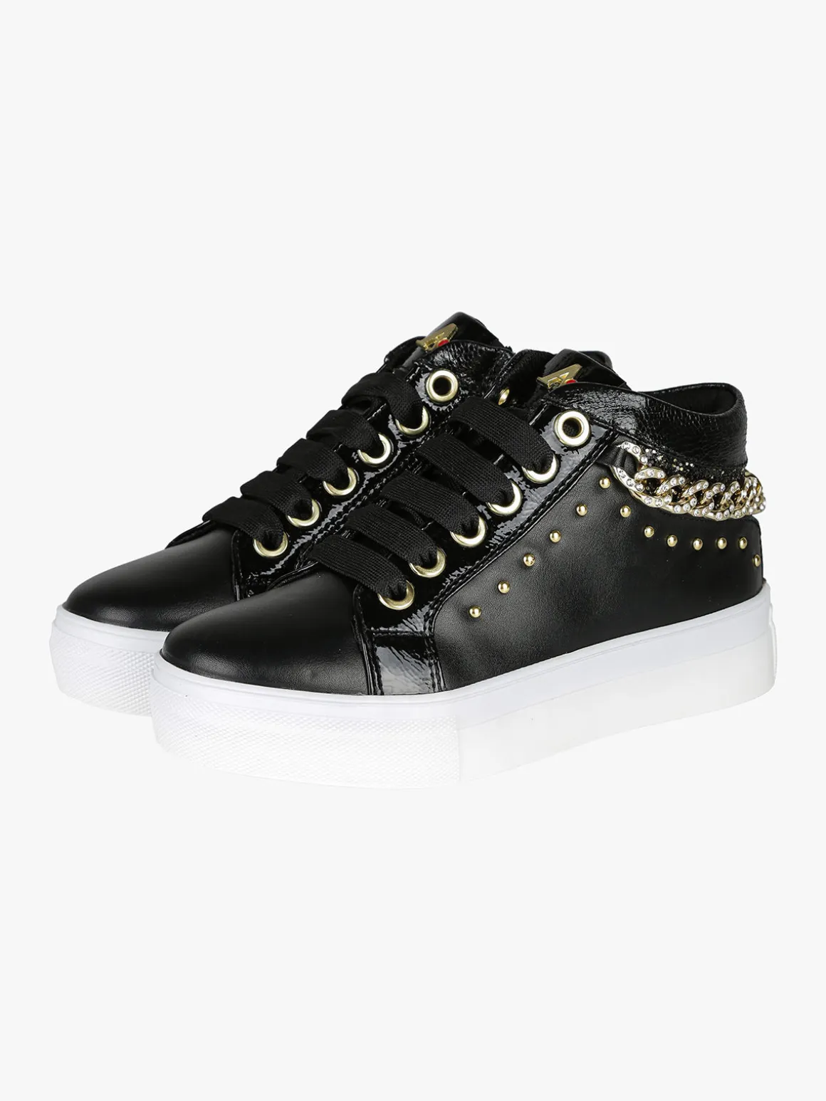 Asso Sneakers da ragazza con catena gioiello e borchie - nero