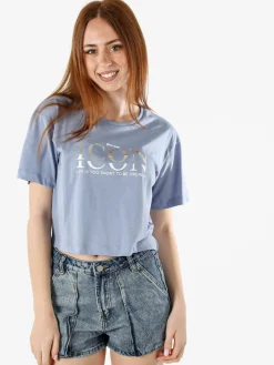 Athl Dpt T-shirt donna cropped in cotone con stampa - cielo