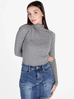 Attic Tricot Pullover donna dolcevita in maglia con bottoni decorativi sulla spalla