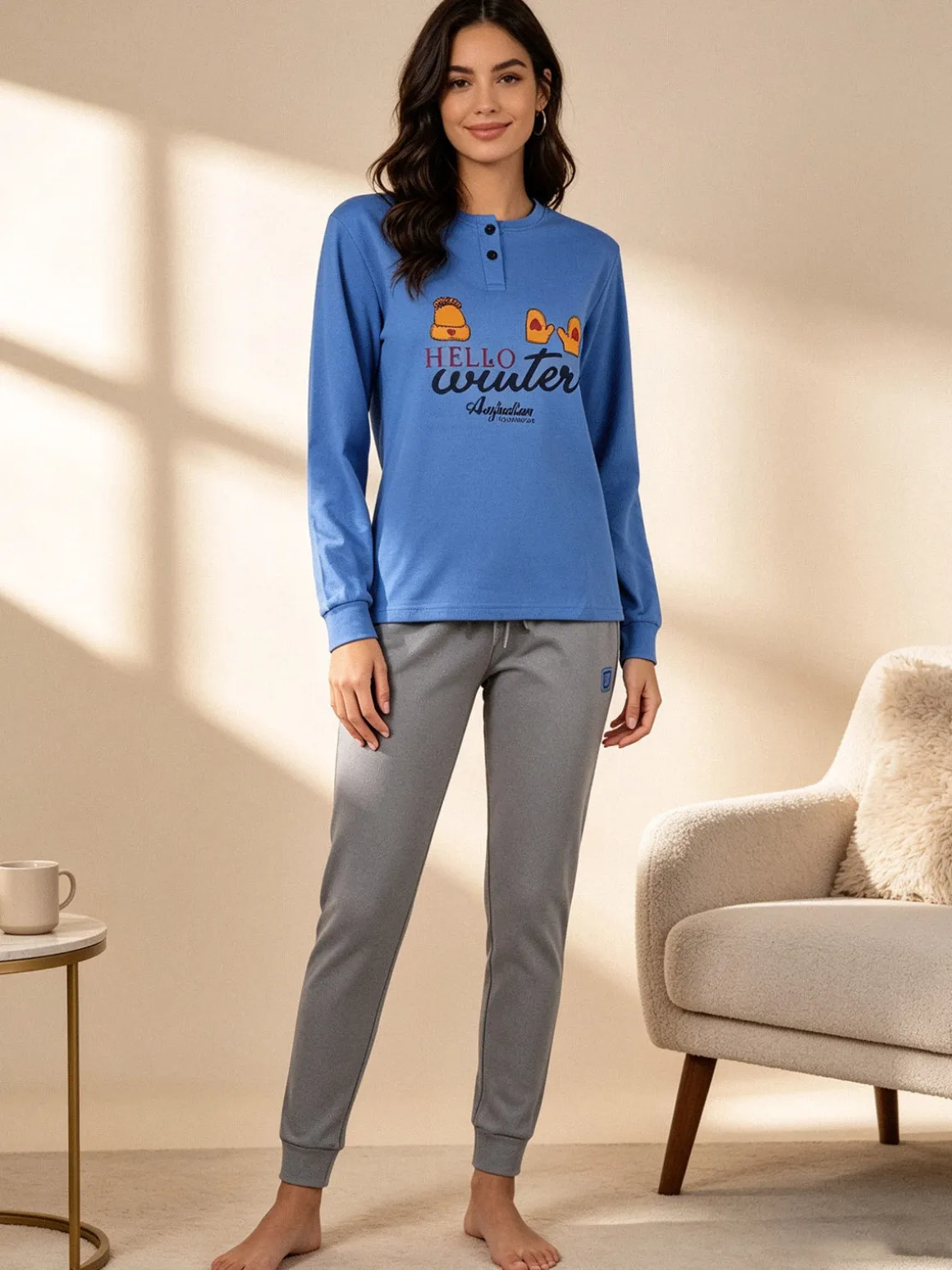 Australian Pigiama lungo da donna in cotone interlock con stampe - blu