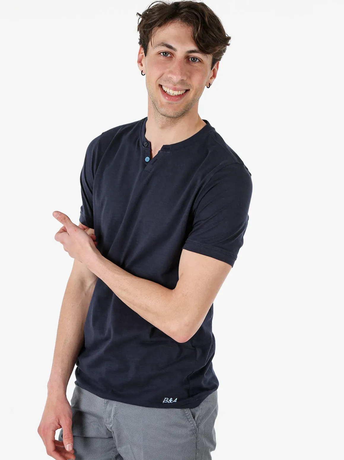 Baci & Abbracci T-shirt da uomo in cotone con bottoncini - blu scuro