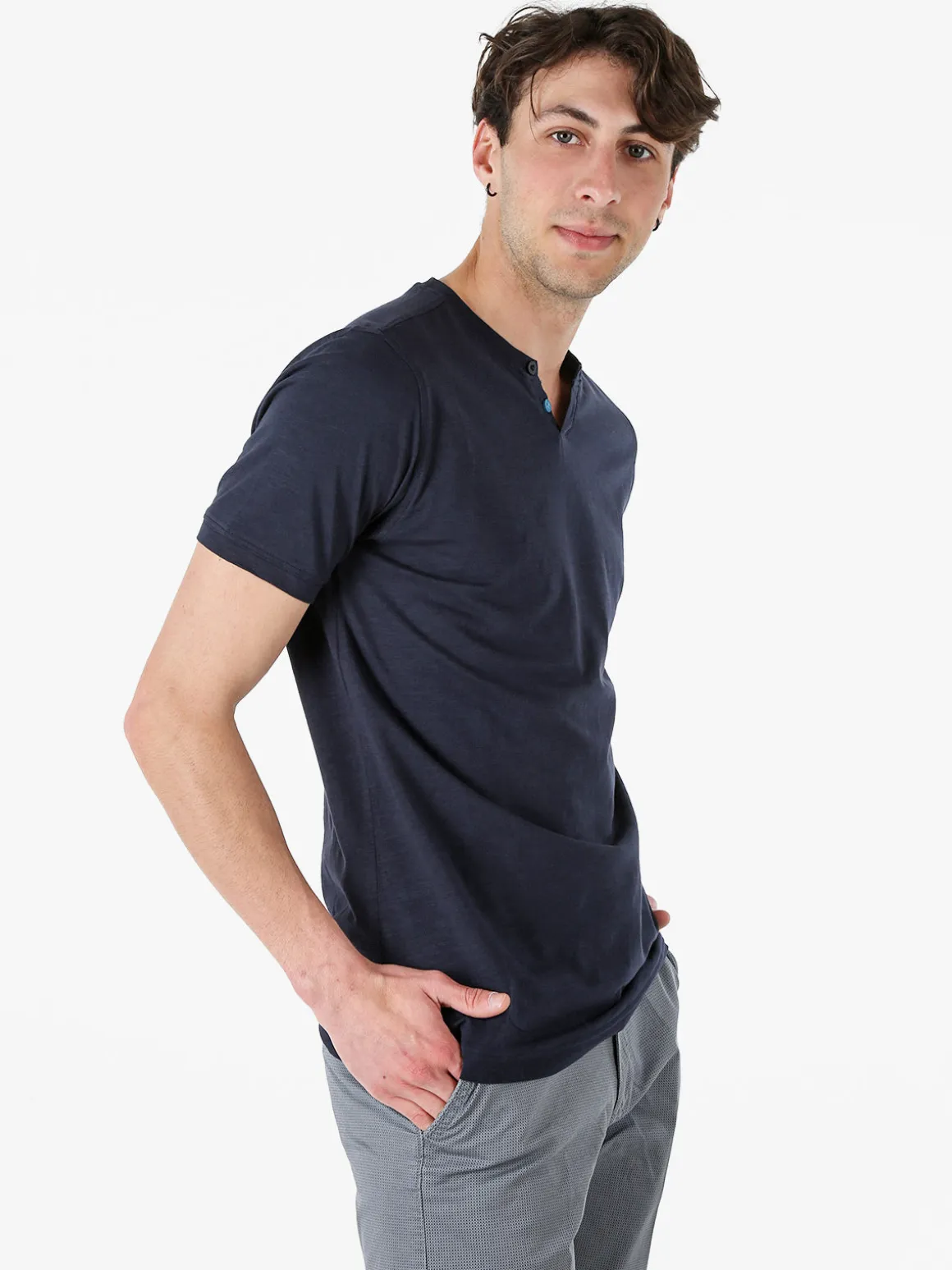 Baci & Abbracci T-shirt da uomo in cotone con bottoncini - blu scuro