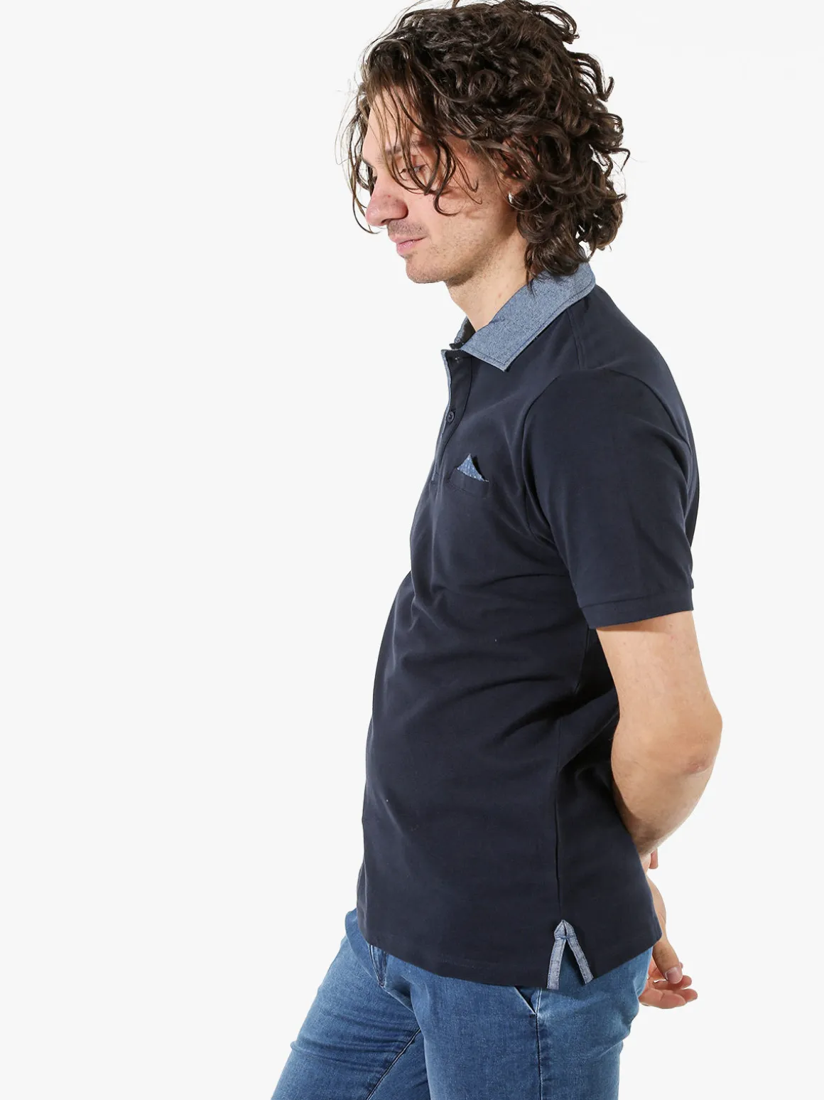 Bad Boys Polo da uomo in cotone a maniche corte con taschino e dettagli di jeans - blu scuro