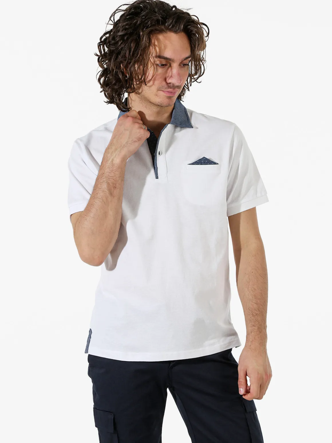 Bad Boys Polo da uomo in cotone a maniche corte con taschino e dettagli di jeans - bianco