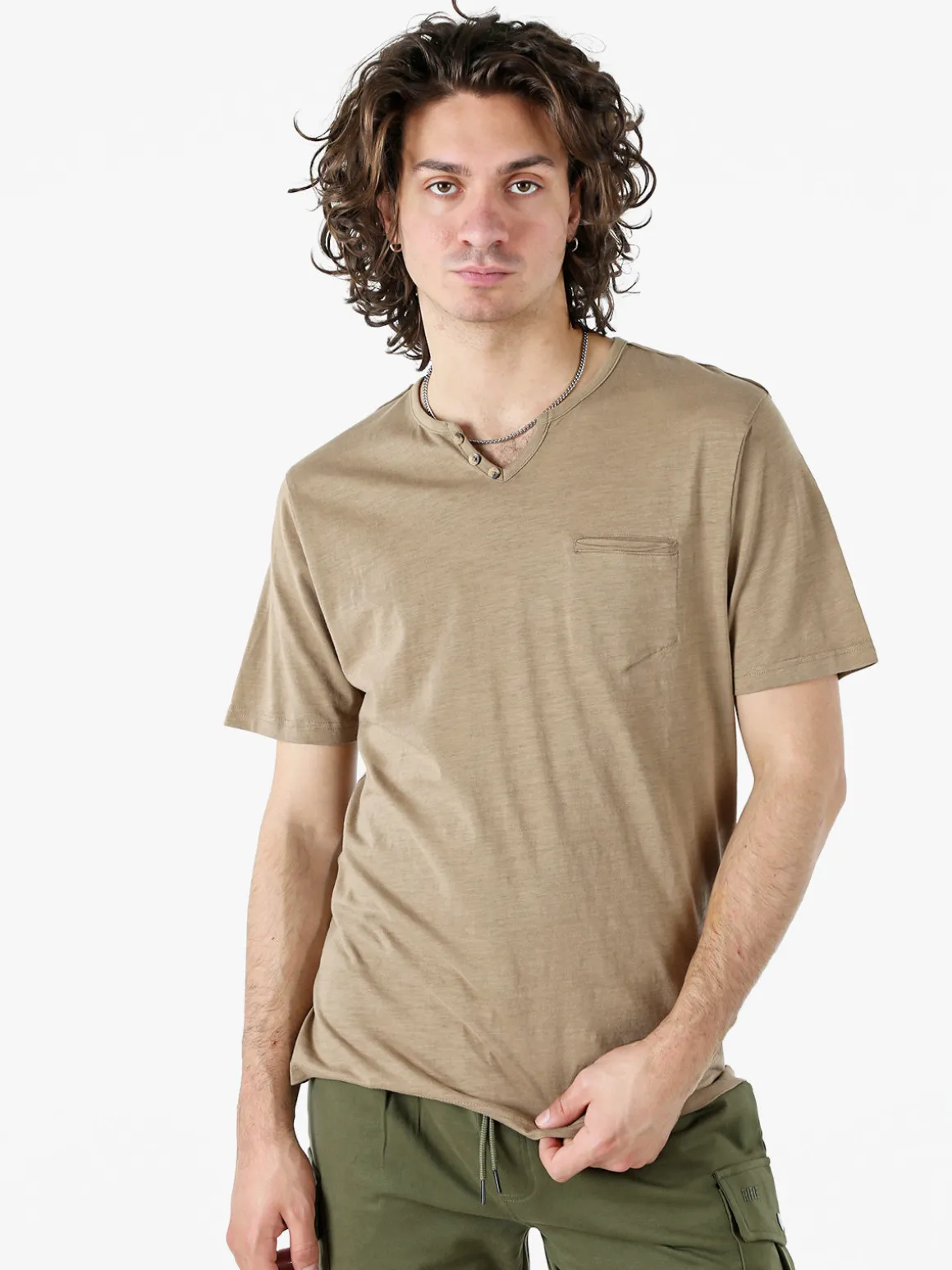 Bad Boys T-shirt da uomo in cotone con scollo V e taschino - taupe