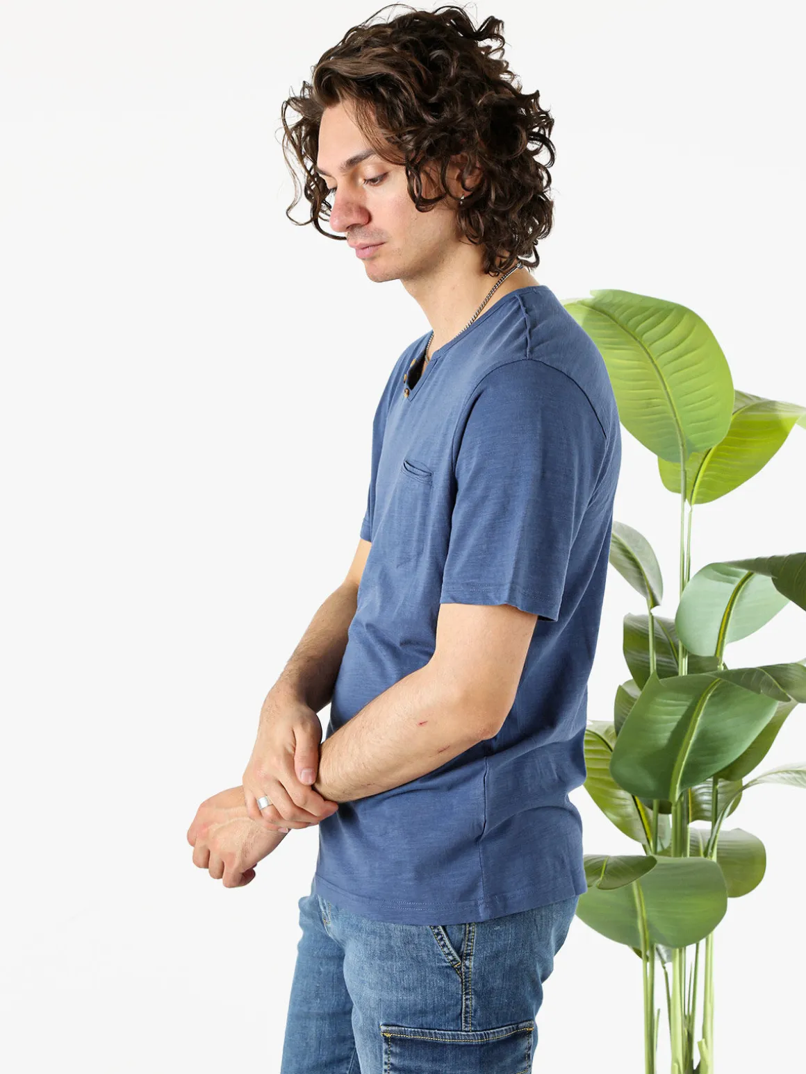 Bad Boys T-shirt da uomo in cotone con scollo V e taschino - blu