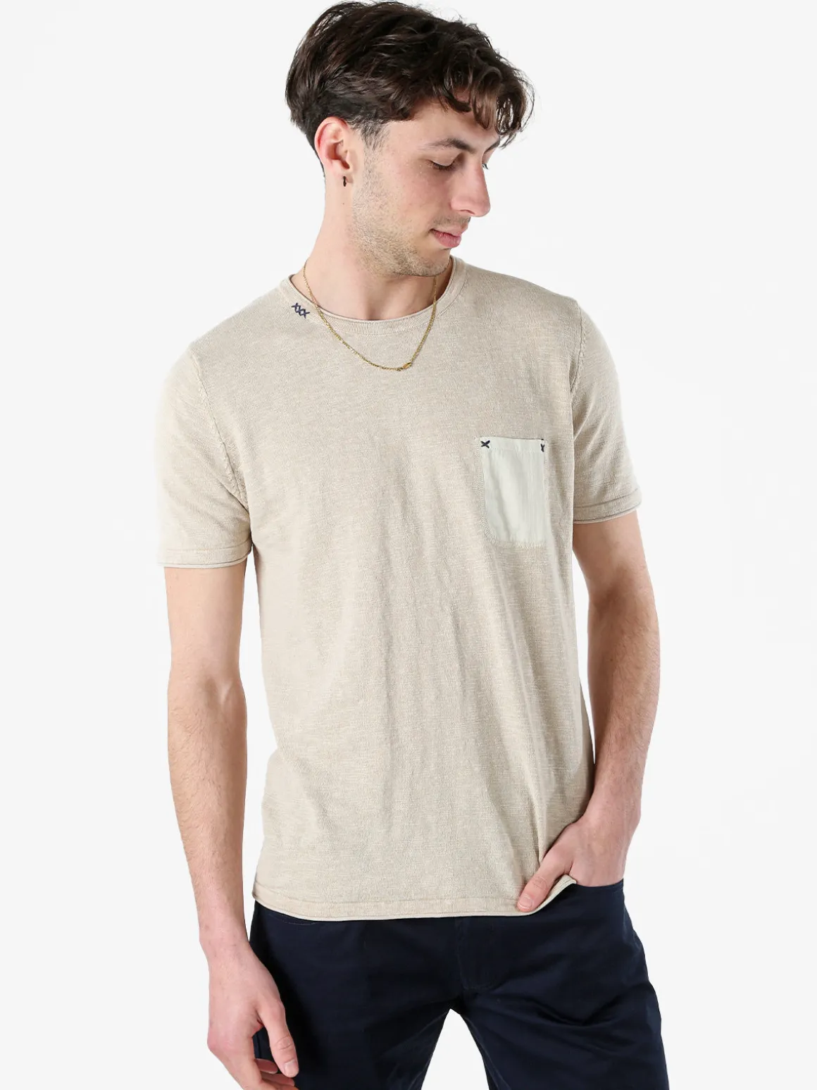 Bad Boys T-shirt da uomo in maglia con taschino - beige