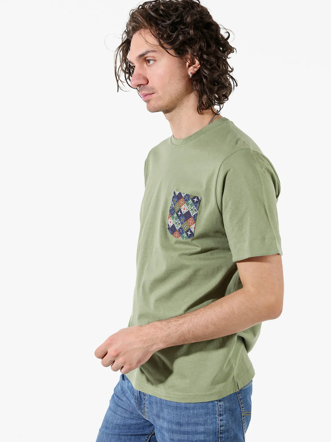 Bad Boys T-shirt girocollo da uomo in cotone con taschino decorato - militare