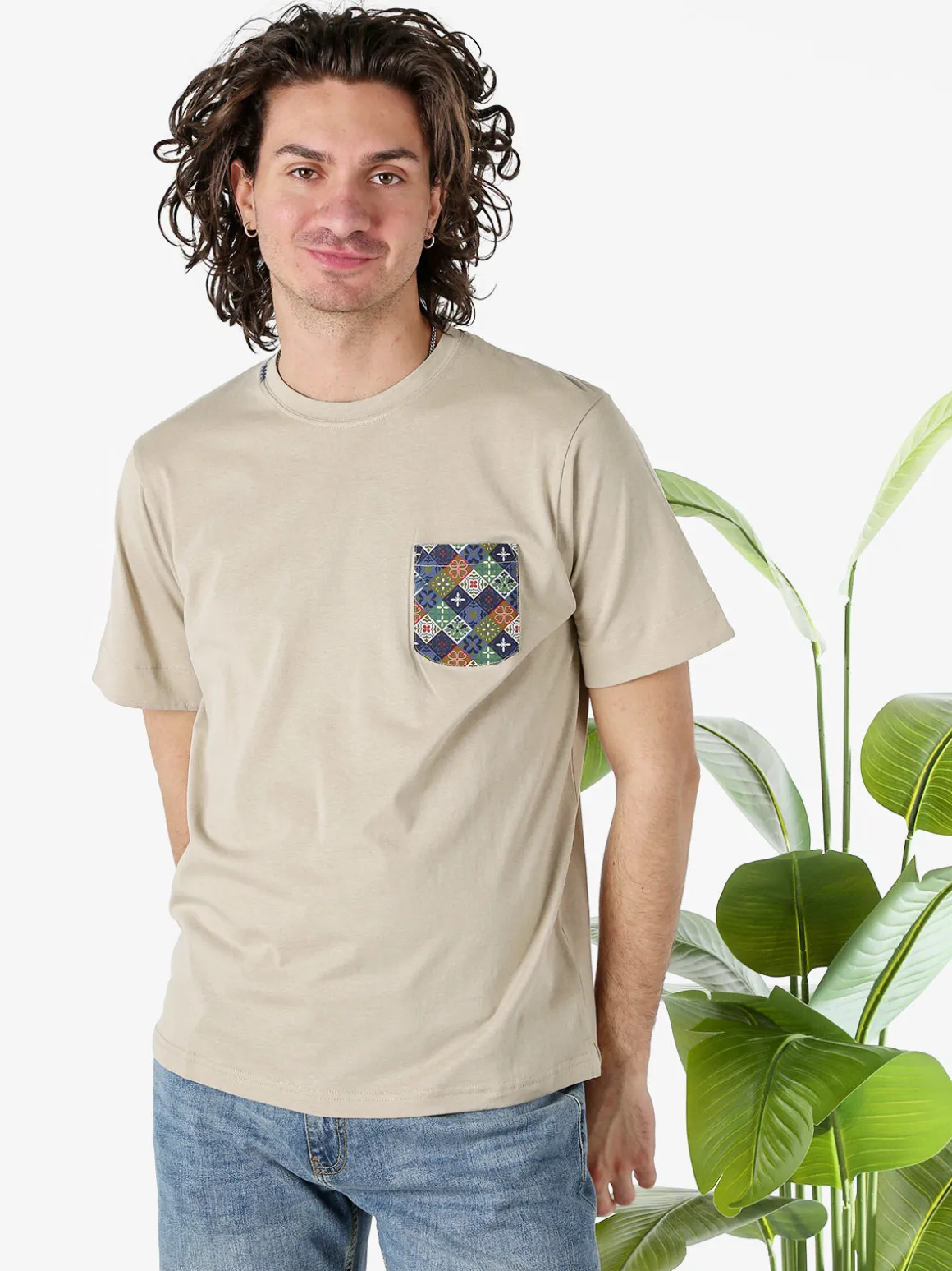 Bad Boys T-shirt girocollo da uomo in cotone con taschino decorato - sabbia
